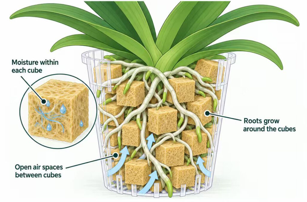 rock wool micro cubes for orchids deflasking and acclimatization, diagram of root growth and moisture retention